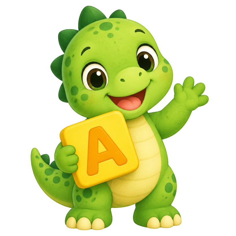 Dino, the friendly green dinosaur mascot, holding a letter A block